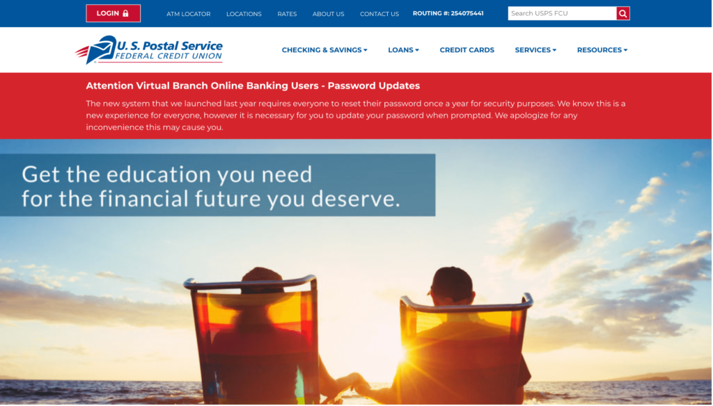 USPS federal credit union's homepage - a starting point for allotment loan applications.